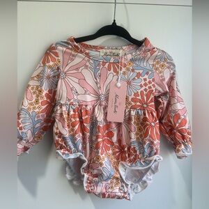 Marie Nicole  Floral BabyGirl Bubble Romper in Coral, Blush & Light Blue